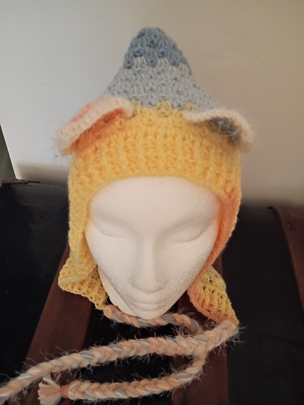 Handmade Kids Yellow Multicolor Crocheted Cat Ears Hood.